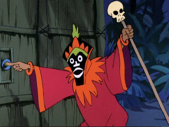 a cartoon character with a skull on his head holding a stick and wearing a mask