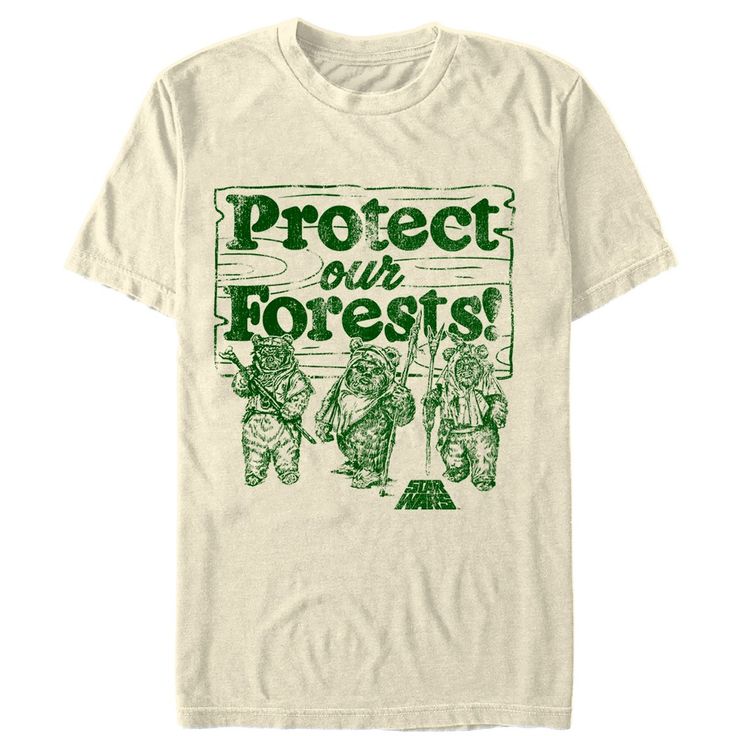 Don't let the Empire destroy the forests of Endor! Stand up to Stormtroopers with the Star Wars Ewok Protect Our Forests Cream T-Shirt. A vintage-style distressed green print reads "Protect Our Forests" above three Ewoks and the Star Wars logo printed on the front of this awesome cream Ewok T-shirt. Size: large. Color: brown. Gender: male. Age Group: adult. Pattern: Fictitious Character. Material: Cotton. Star Wars Ewok, Cream T Shirt, Rainbow T Shirt, Star Wars Men, Star Wars Outfits, Fashion Help, Dream Clothes, Look Cool, The Star