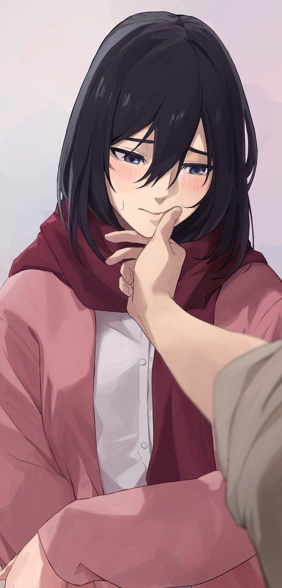 an anime character with long black hair wearing a pink coat and holding his hand near his face