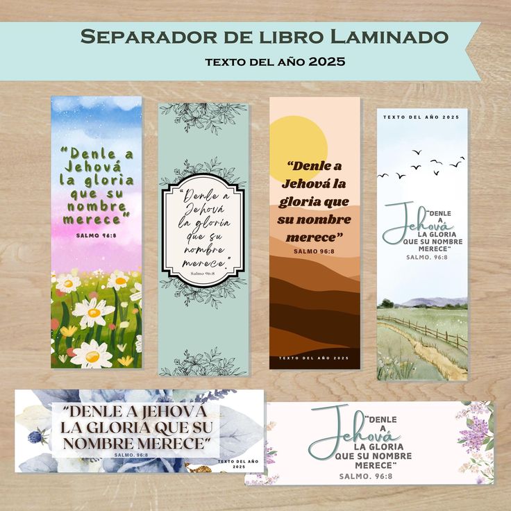 the spanish language bookmarks are arranged on a wooden surface with flowers and birds in them