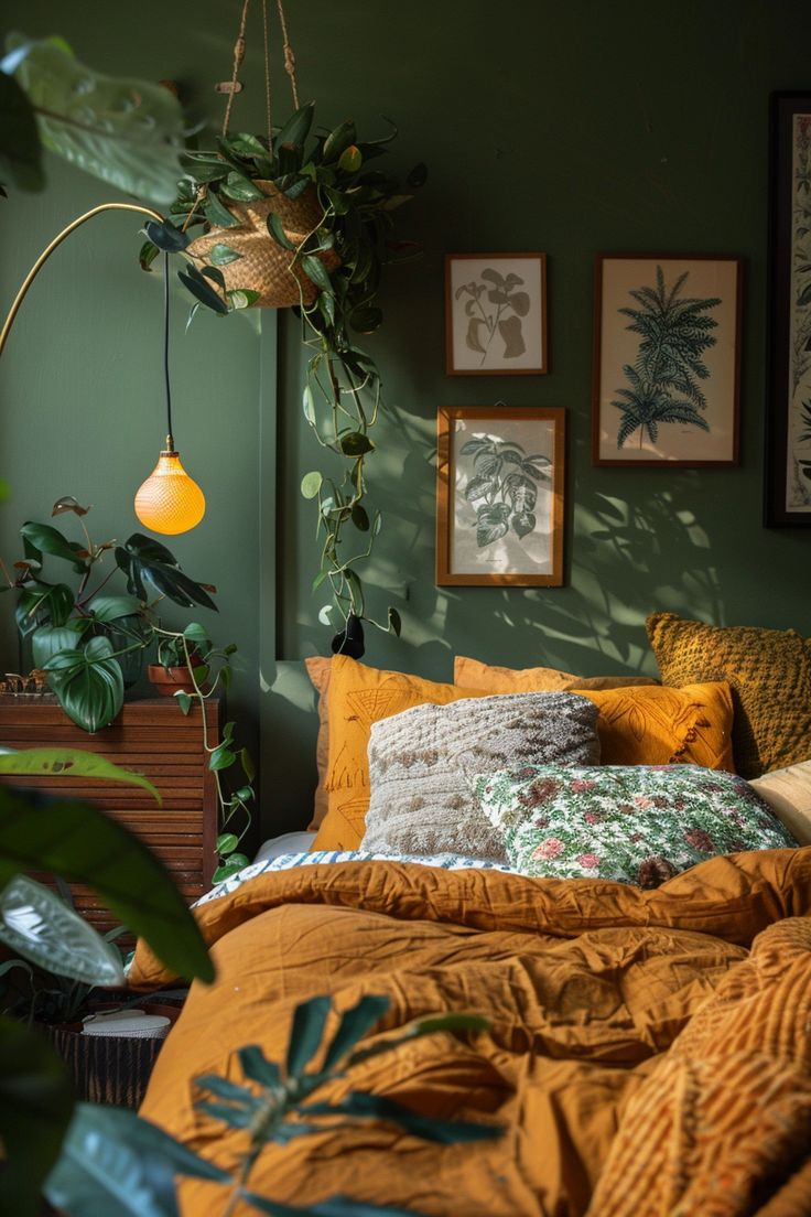 a bedroom with green walls and plants in the corner, including an orange comforter