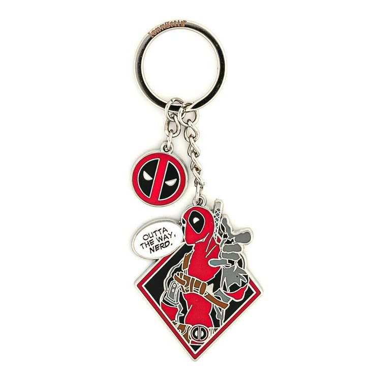 a deadpool keychain is shown with a deadpool sticker on it