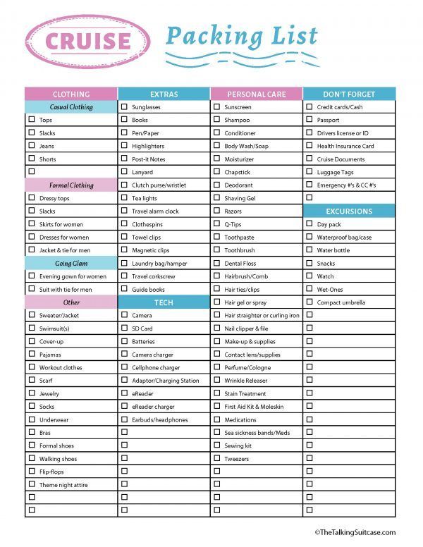 the cruise packing list is shown in pink and blue