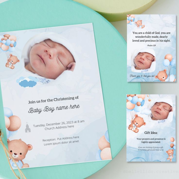 a baby announcement card with a teddy bear on the front, and an infant's photo on the back