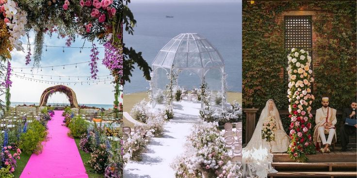 the wedding ceremony is decorated with flowers and greenery