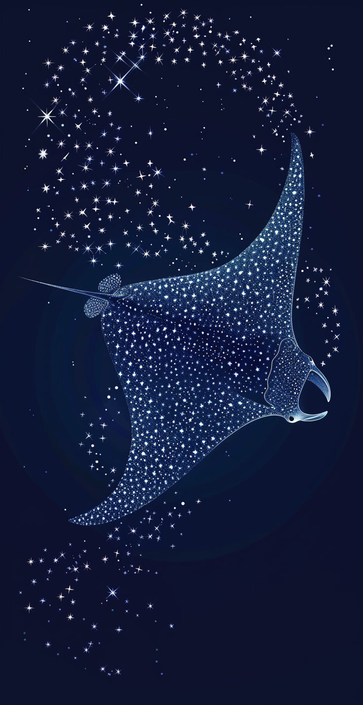 a manta ray flying through the night sky with stars in it's back