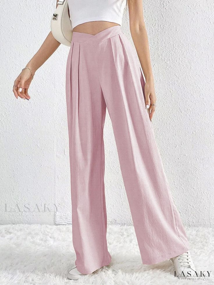 Lasaky - High-Waisted Wide-Leg Casual Trousers with Pleated Design and Crossed Waistband Commuter Style, Solid Color Pants, Loose Trousers, Casual Wide Leg Pants, Leisure Fashion, Weave Style, Pantalon Large, Fashion Seasons, Casual Trousers