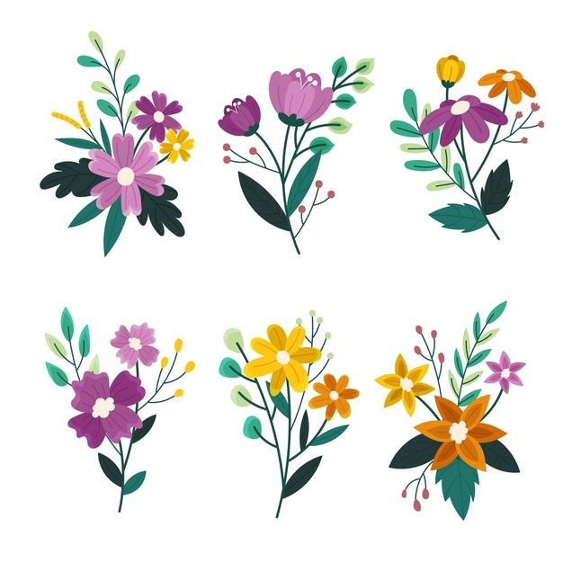 six different types of flowers are shown in this image, each with leaves and flowers