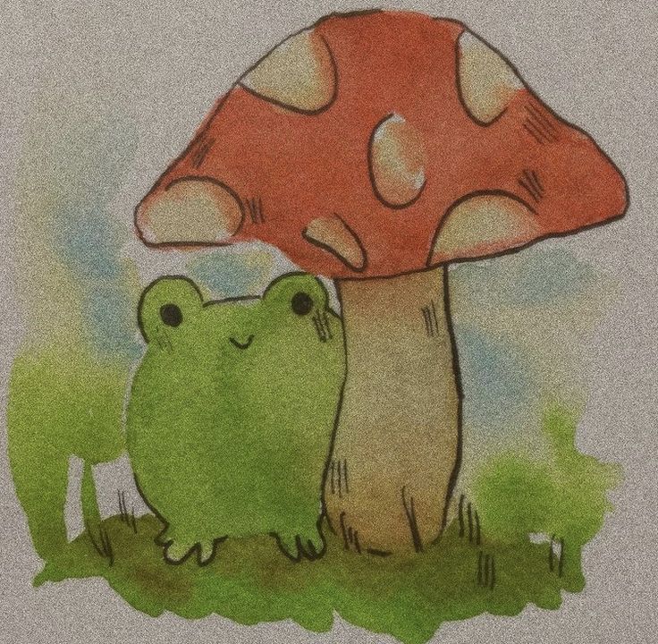 a drawing of two frogs sitting in front of a mushroom