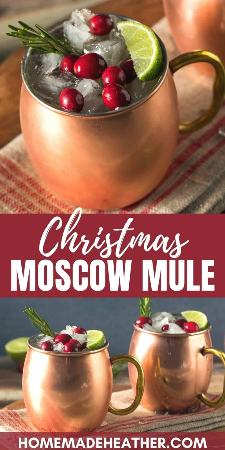 christmas moscow mules with cranberries and lime in copper mugs on a table