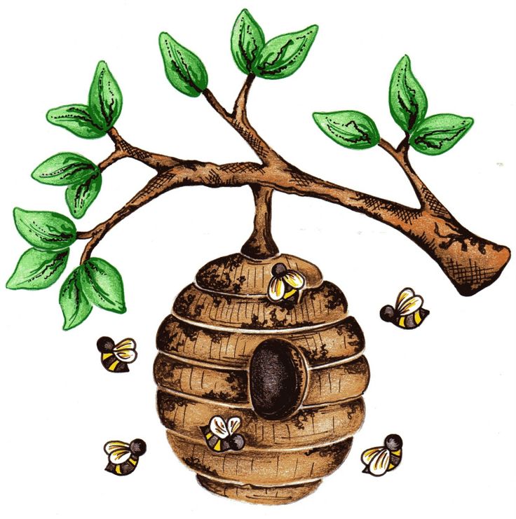 a drawing of a beehive with bees around it