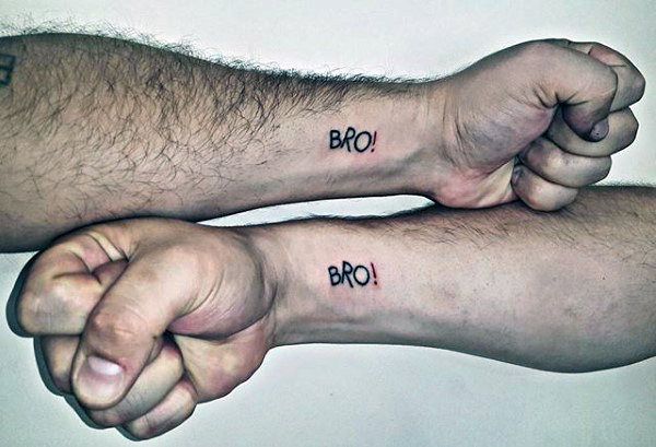 two people holding hands with tattoos on their arms and the words broo written in black ink