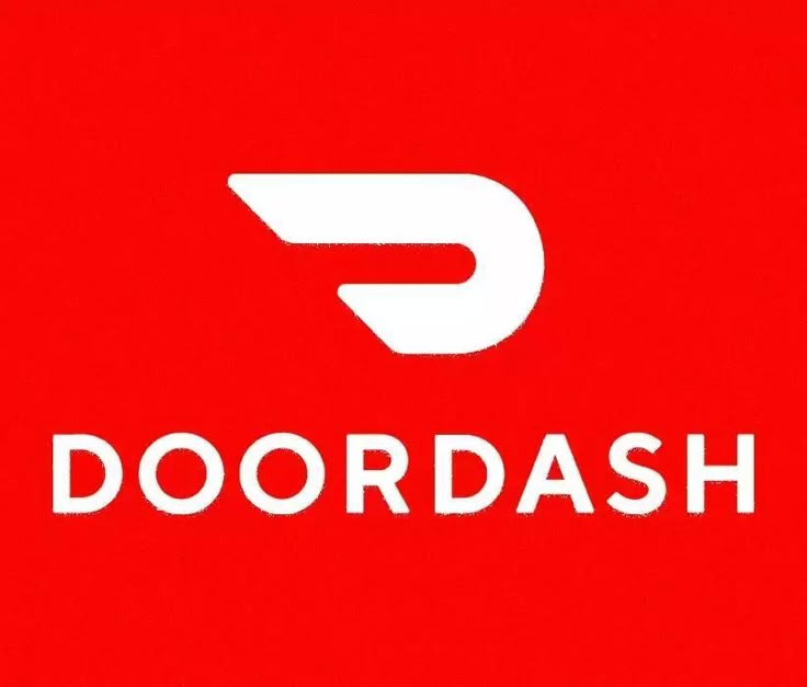 the doordash logo is shown on a red background and white letters are below it