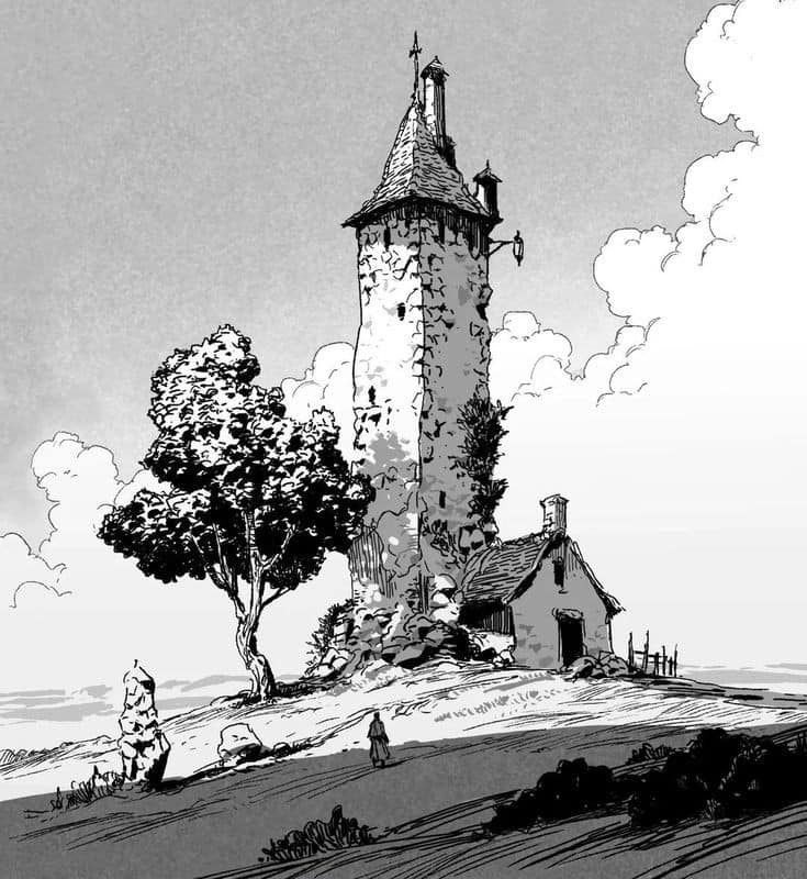 a black and white drawing of a tower on top of a hill