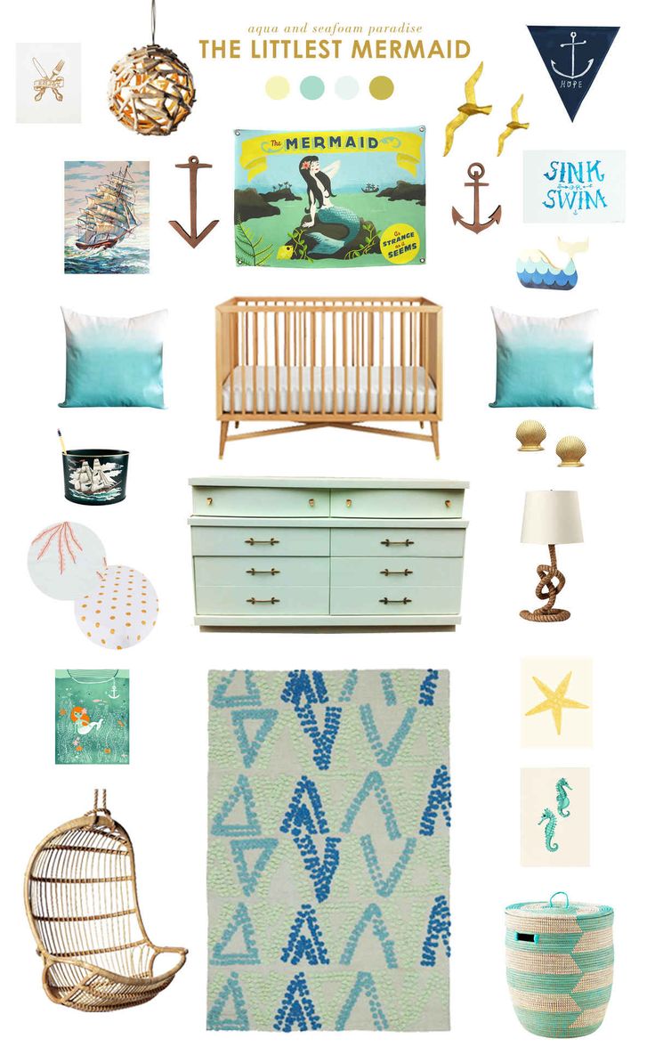 a baby's room with blue and green accents, including an infant crib