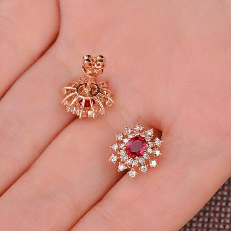 3Ct Simulated Red Ruby & Diamond Flower Shape Stud Earring 14K Rose Gold Finish Red Studs, Halo Stud Earrings, Color Stones, Halo Earrings Studs, Red Green Yellow, Stone Gold, Diamond Flower, Ruby Diamond, Fashion Jewelry Earrings