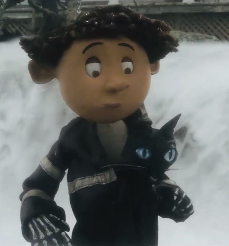 an animated doll is holding a black cat in front of a snow - covered waterfall