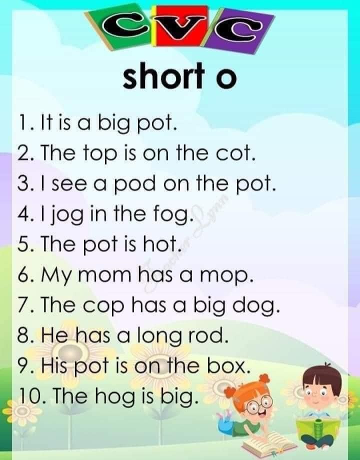 a poster with the words cvvc short o in it's center and two children reading