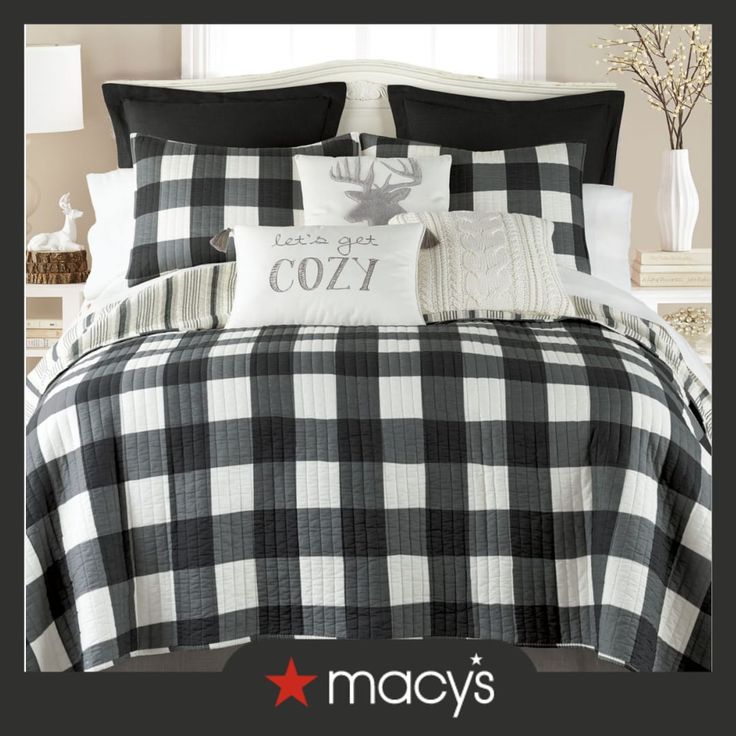 a black and white plaid comforter set with pillows