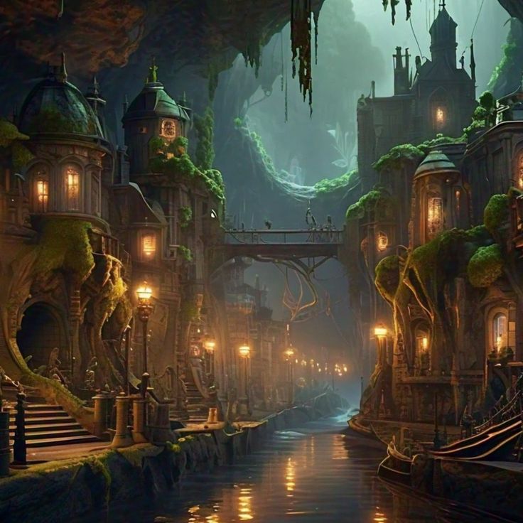 an image of a fantasy city at night