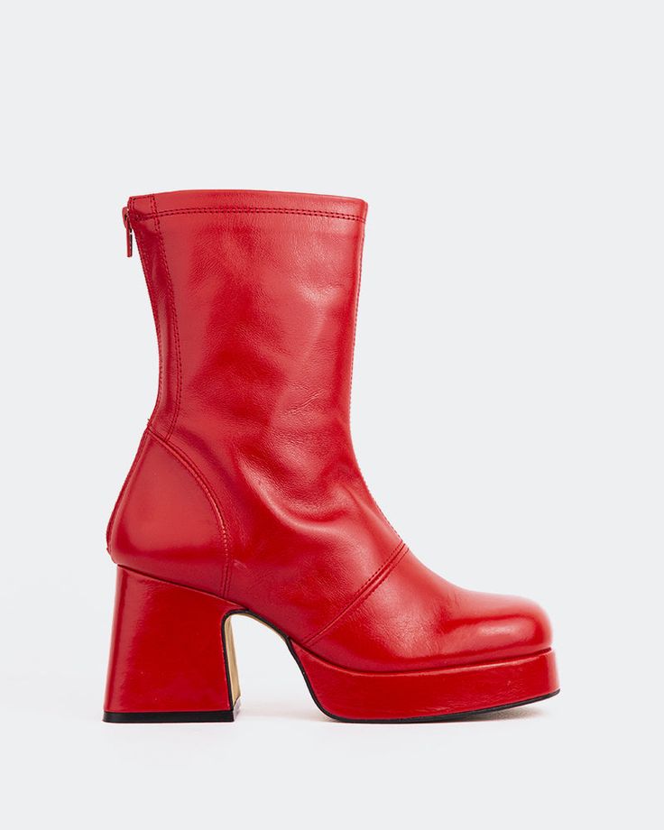 Detail(s):  Rounded Square Toe 3.25" Heel 1.0" Platform Medial Back Zip Material(s):  Leather Upper Padded Insole Handmade in Spain Color(s):  Red Bratz Boots, Red 40, Rounded Square, Calf Boots, How To Look Classy, Aesthetic Outfits, Red Leather, Leather Upper, Ankle Boot