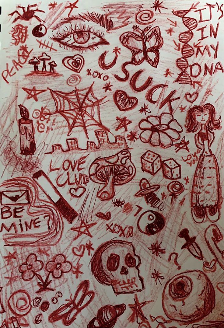 a drawing on paper with many different types of letters and numbers written in red ink