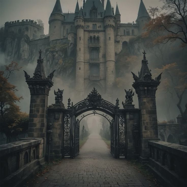 an image of a castle entrance in the fog