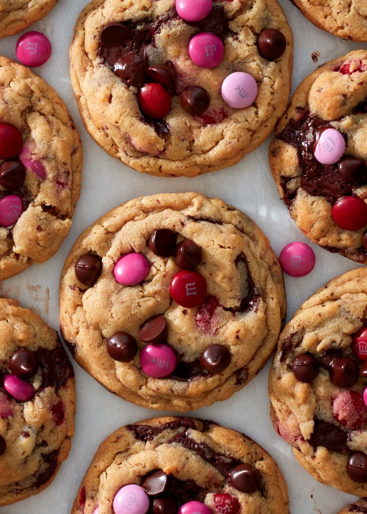 chocolate chip cookies with m & m candy on top