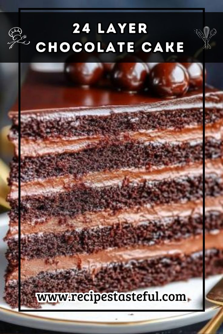 chocolate layer cake with text overlay that says, 24 layer chocolate cake on white plate