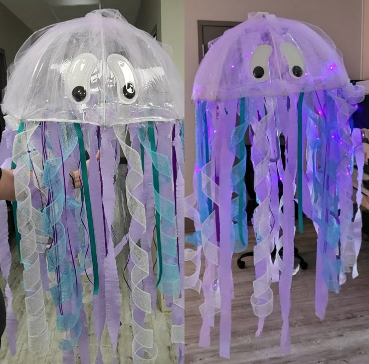 two plastic jellyfishs with googly eyes on them, one is purple and the other is blue