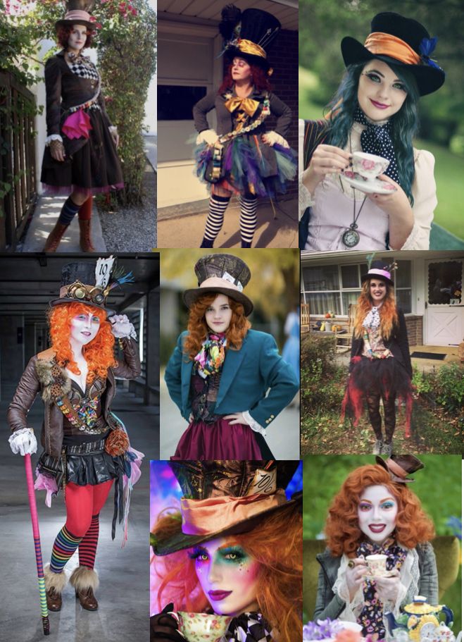 the collage has many different pictures of women dressed up in costumes and hats, including clowns