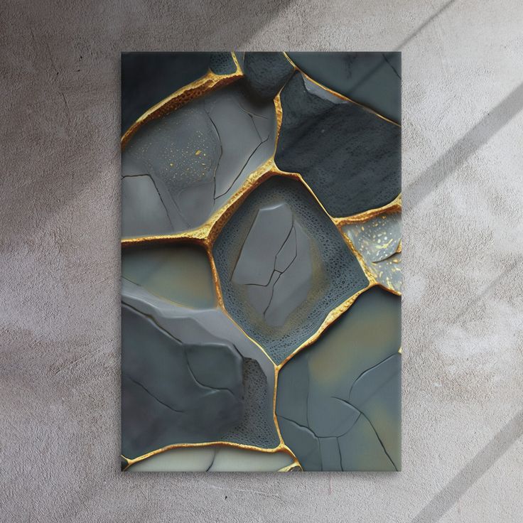 an abstract painting on the wall with gold and grey colors, in shades of gray