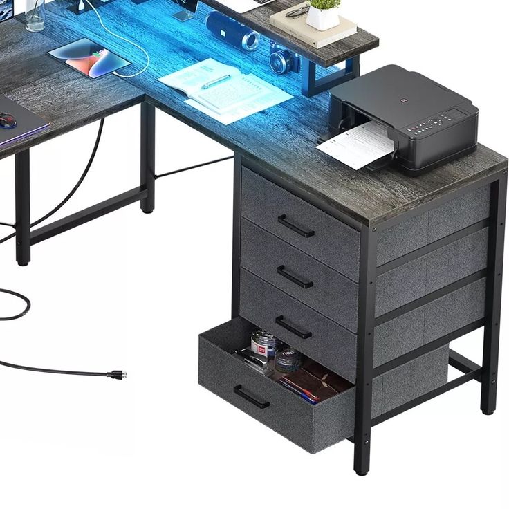 an office desk with drawers and a printer on the top, in front of a white background