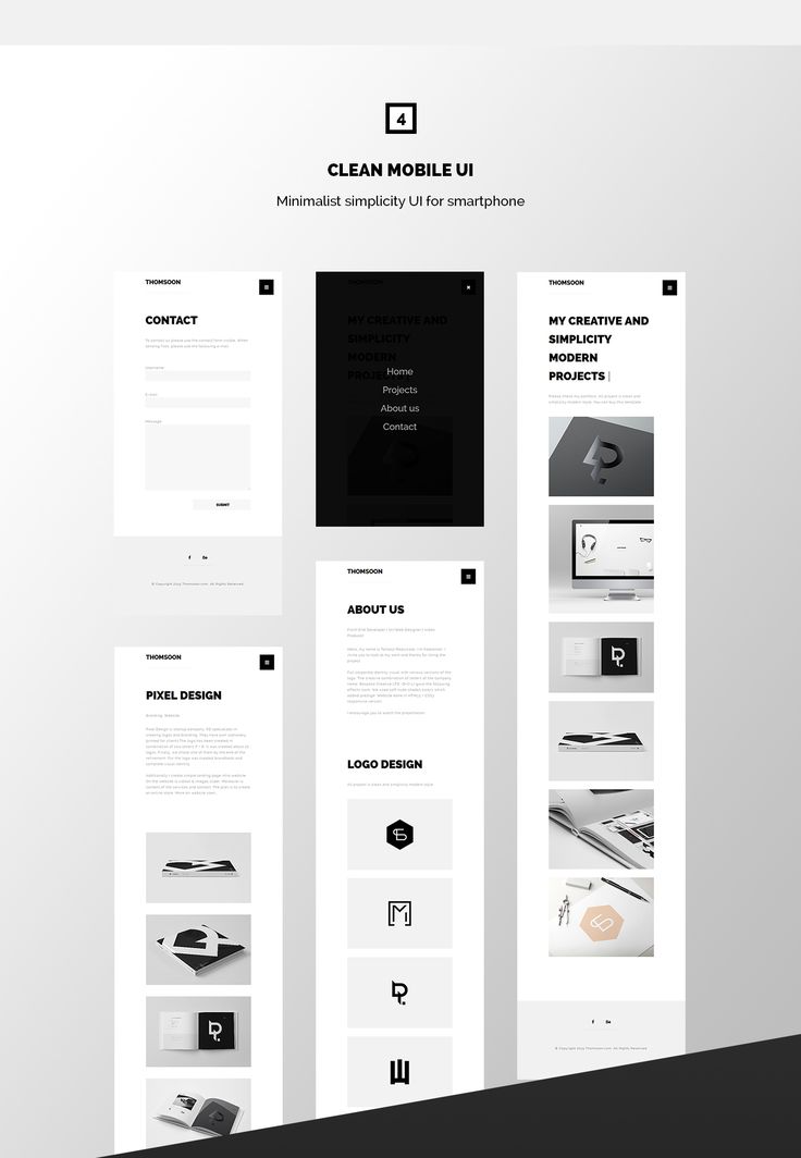 the clean and modern website design is displayed in black and white, with dark colors