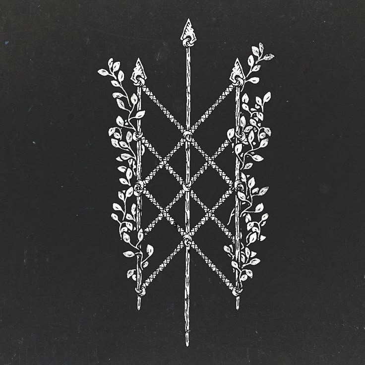 a black and white drawing of two arrows with leaves on each side, surrounded by vines