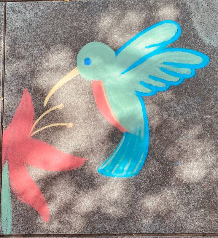 a colorful bird painted on the ground next to a red flower and green plant with blue wings