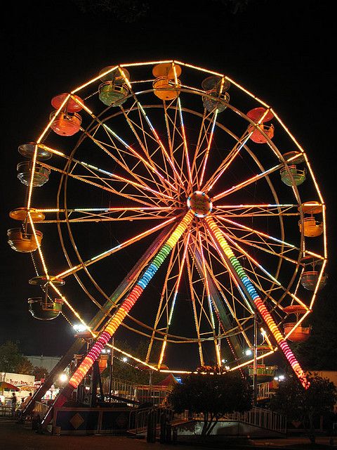 a large ferris wheel lit up at night