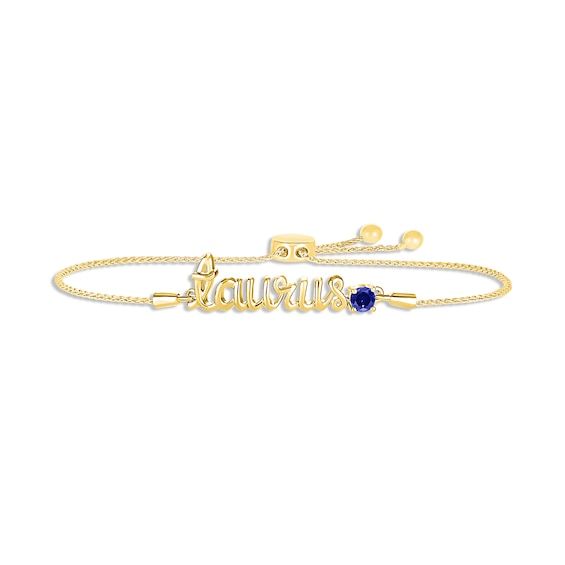 Wear your star sign with this mystical bolo bracelet featuring "Taurus" crafted in swirling 10K yellow gold letters. A blue lab-created sapphire adds sparkling color to the design. The 9.5-inch wheat chain secures with a sliding bolo clasp. Zodiac Taurus, Bolo Bracelet, Taurus Zodiac, Star Sign, Gold Letters, Star Signs, Wheat, Apparel Accessories, Swirl