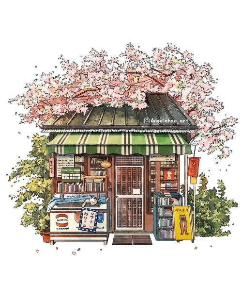 a drawing of a book store with flowers on the roof and bookshelves in front