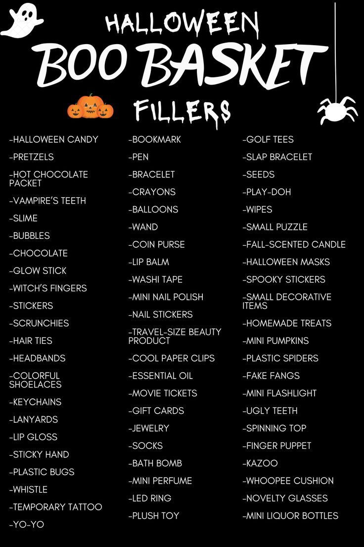 the halloween boo - basket fillers list is shown in black with white writing on it