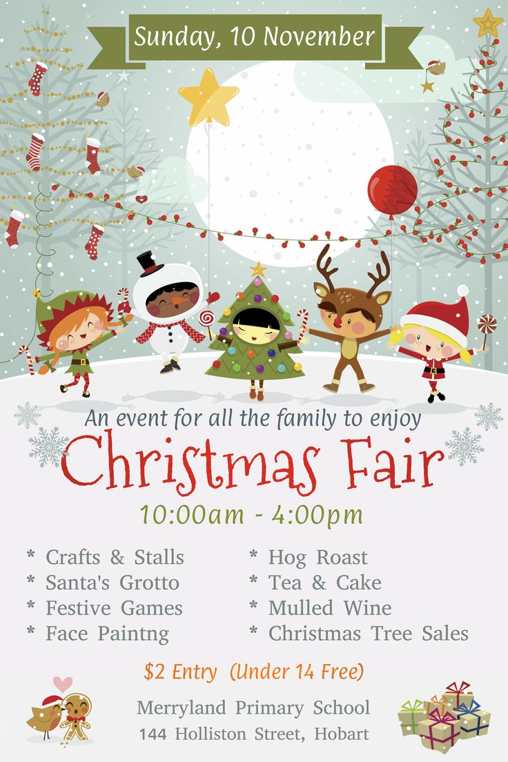 the christmas fair flyer for children's parties, including santas and reindeers