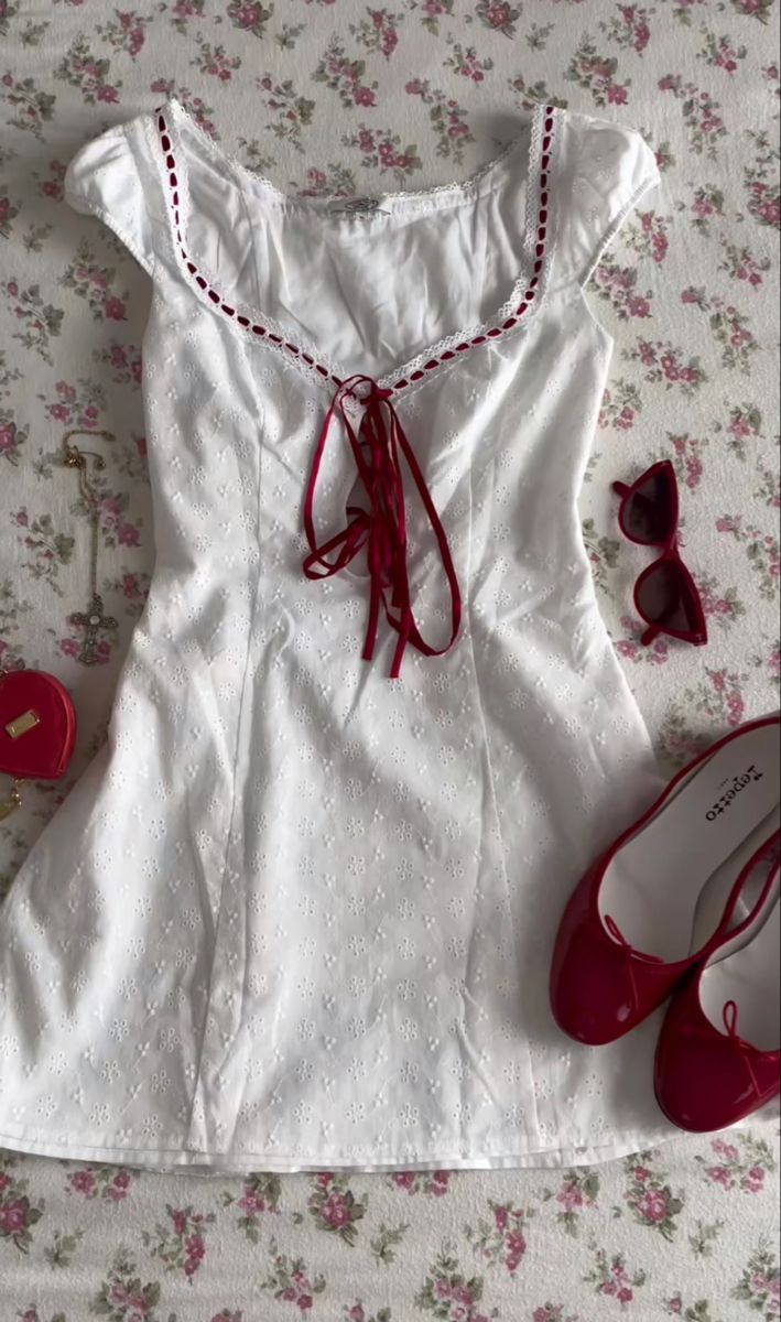 Dress Laid Out On Bed, Clothes Spring 2024, Cottagecore Graduation Dress, Honeymoon Aesthetic Outfit, 2013 Girly Outfits, 50s Coquette Outfit, Lizzy Grant Summer Outfits, White Dress Red Shoes, Vintage Girly Outfits