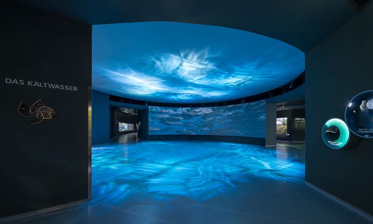 a large room with blue lights and clouds on the ceiling