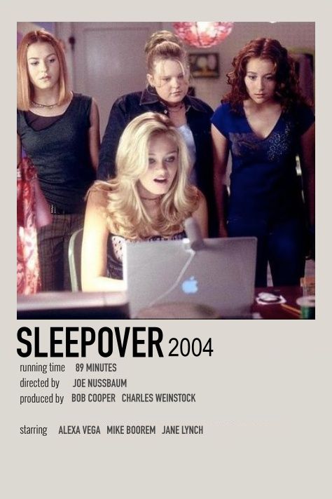 a poster for the movie sleepover featuring four women looking at a laptop computer screen