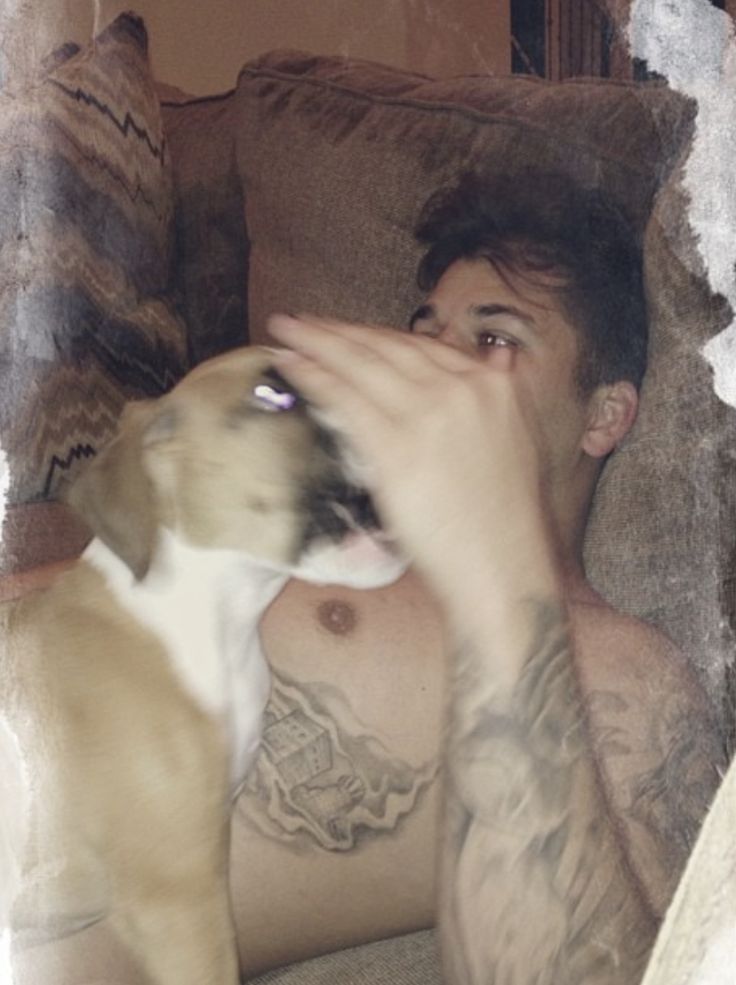 a man laying on top of a couch next to a brown and white dog with his mouth open