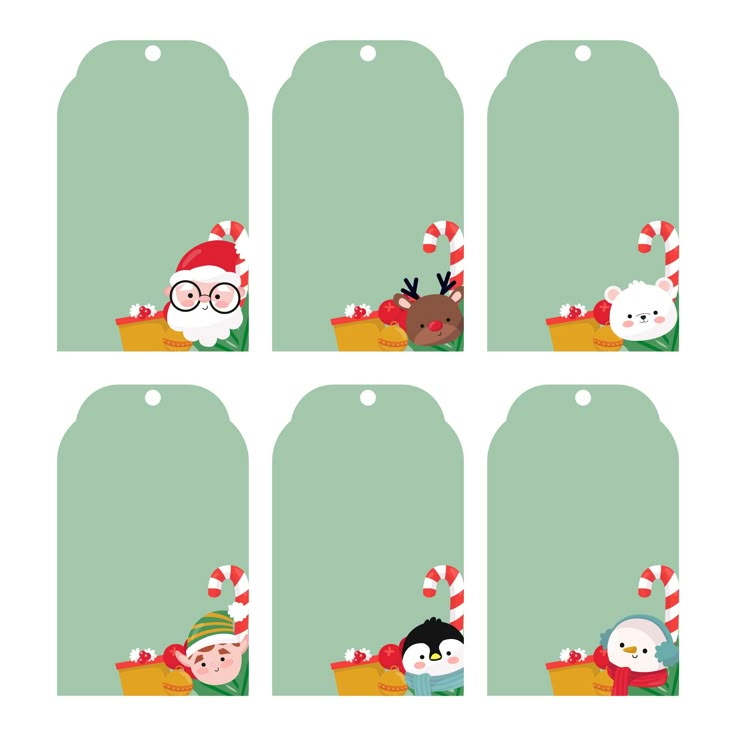 christmas gift tags with cartoon characters and santa's sleighs on them