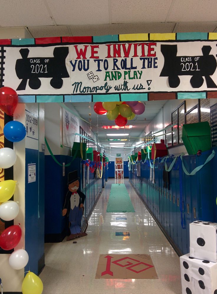 a hallway decorated with balloons and streamers