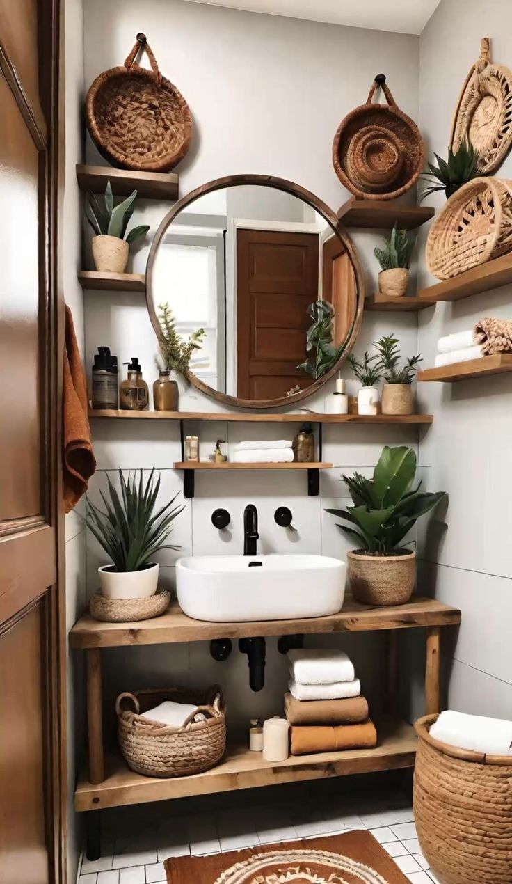 a bathroom with a sink, mirror and shelves filled with plants on the wall above it