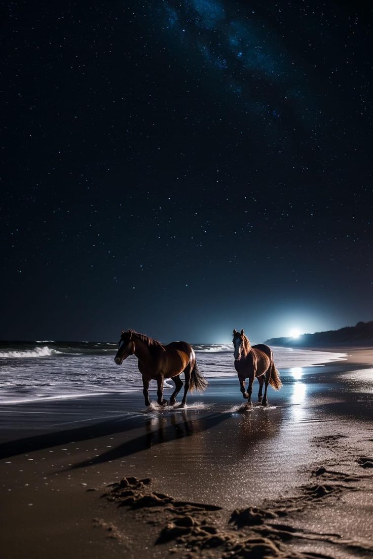 two horses are walking along the beach at night