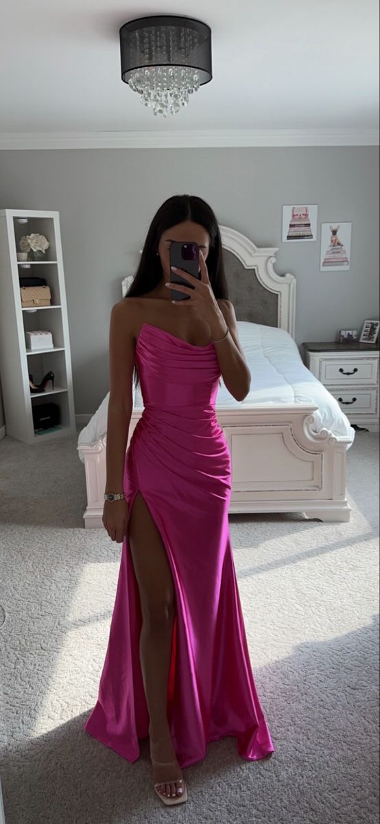 Satin Pink Prom Dress, Classy Prom Dresses Long, Pink Prom Dresses Long, Prom Prep, Cheap Long Bridesmaid Dresses, White Prom Dress Long, Split Prom Dresses, Classy Prom, Lovely Partner